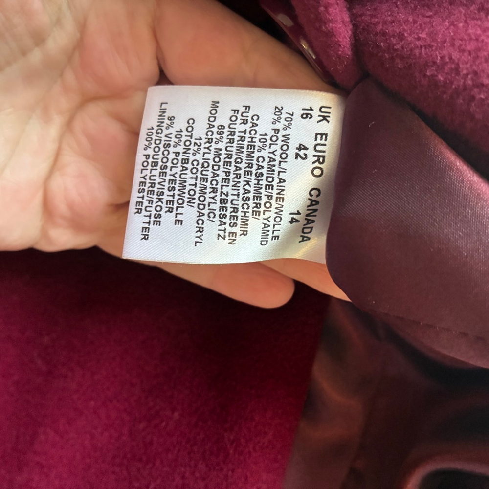 Precis Petite Wool Cashmere Pea Coat Size 14 Burgundy Faux Fur Timeless Winter - Picture 14 of 16
